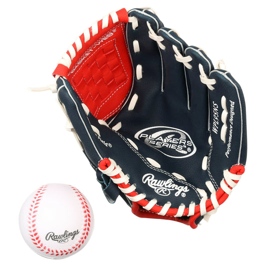 Rawlings Players Series Baseball Glove W/ Ball, 9.5 inch, Red/Navy, Right Hand Throw